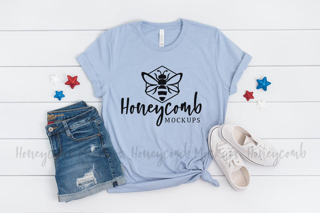 Bella Canvas 3001 Heather Blue Mockup, Fourth of July Mockup, Womens T-Shirt Mockup Mock Up Photo Honeycomb Mockups 