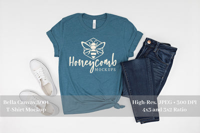 Bella Canvas 3001 Heather Deep Teal Mockup, Women's T-Shirt Mockup Mock Up Photo Honeycomb Mockups 