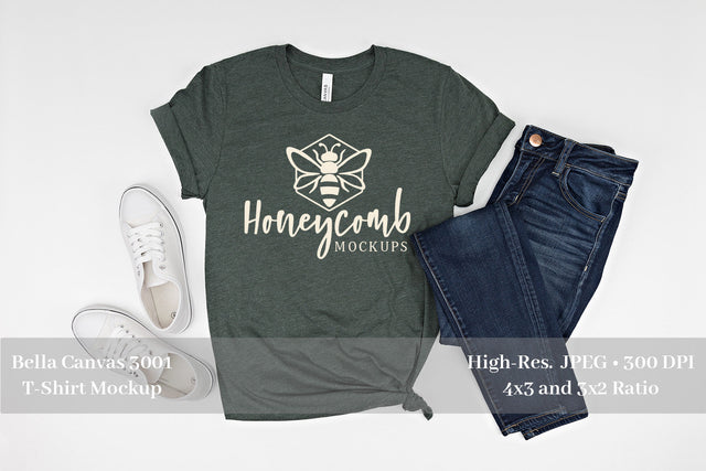 Bella Canvas 3001 Heather Forest Mockup, Women's T-Shirt Mockup Mock Up Photo Honeycomb Mockups 