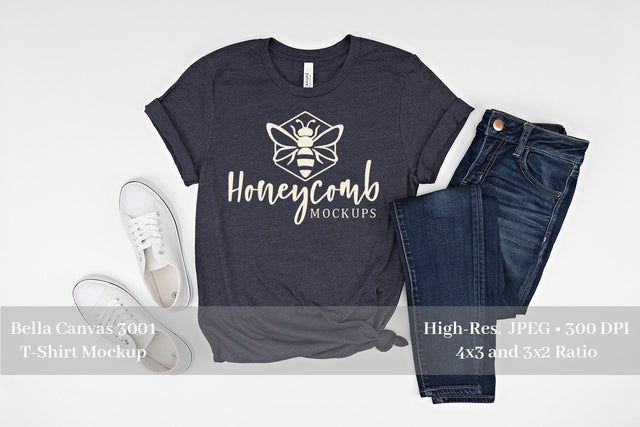 Bella Canvas 3001 Heather Midnight Navy 3001 Mockup, Women's T-Shirt Mockup Mock Up Photo Honeycomb Mockups 