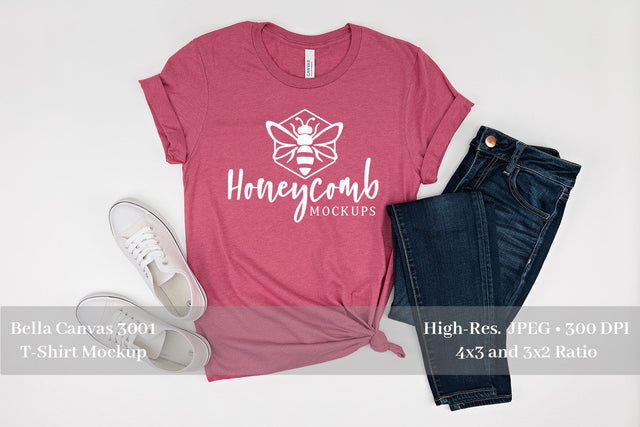 Bella Canvas 3001 Heather Raspberry 3001 Mockup, Women's T-Shirt Mockup Mock Up Photo Honeycomb Mockups 