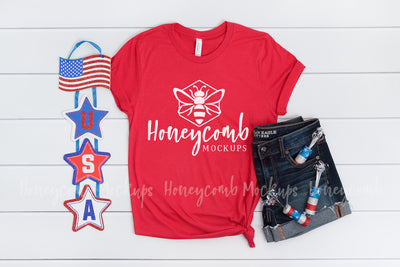 Bella Canvas 3001 Red Mockup, 4th of July Mockup Mock Up Photo Honeycomb Mockups 