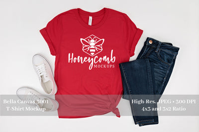 Bella Canvas 3001 Red Mockup, Women's Red T-Shirt Mockup Mock Up Photo Honeycomb Mockups 