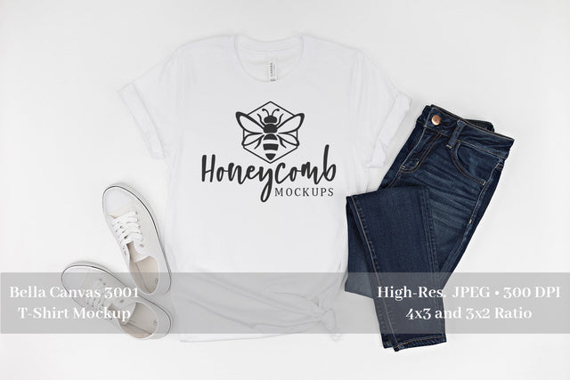 Bella Canvas 3001 White Mockup, Women's White T-Shirt Mockup Mock Up Photo Honeycomb Mockups 