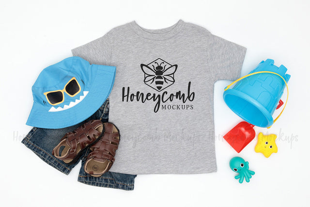 Bella Canvas 3001T Athletic Heather Mockup, Toddler Boy T-Shirt Mockup, Kids Summer Mockup, Beach Themed Mockup Mock Up Photo Honeycomb Mockups 