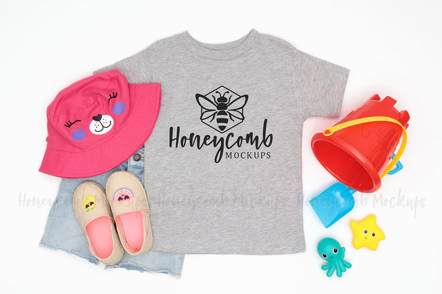 Bella Canvas 3001T Athletic Heather Mockup, Toddler Girl Mockup, Kids Summer Mockup, Beach Themed Mockup Mock Up Photo Honeycomb Mockups 