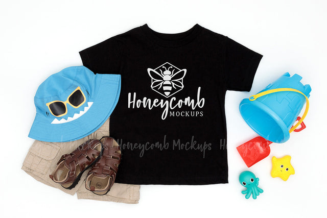 Bella Canvas 3001T Black Mockup, Toddler Boy Mockup, Kids Summer Mockup, Beach Themed Mockup Mock Up Photo Honeycomb Mockups 