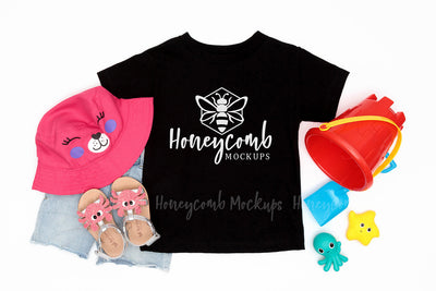 Bella Canvas 3001T Black Mockup, Toddler Girl Mockup, Kids Summer Mockup, Beach Themed Mockup Mock Up Photo Honeycomb Mockups 
