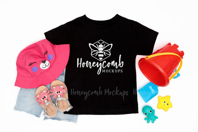 Bella Canvas 3001T Black Mockup, Toddler Girl Mockup, Kids Summer Mockup, Beach Themed Mockup Mock Up Photo Honeycomb Mockups 