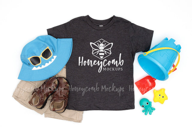 Bella Canvas 3001T Dark Grey Heather Mockup, Toddler Boy Mockup, Kids Summer Mockup, Beach Themed Toddler Mockup Mock Up Photo Honeycomb Mockups 