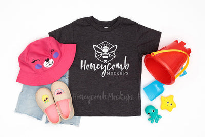 Bella Canvas 3001T Dark Grey Heather Mockup, Toddler Girl Mockup, Kids Summer Mockup, Beach Themed Mockup Mock Up Photo Honeycomb Mockups 