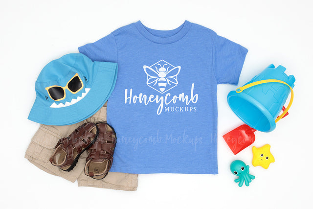 Bella Canvas 3001T Heather Columbia Blue Mockup, Toddler Boy Mockup, Kids Summer Mockup, Beach Themed Mockup Mock Up Photo Honeycomb Mockups 