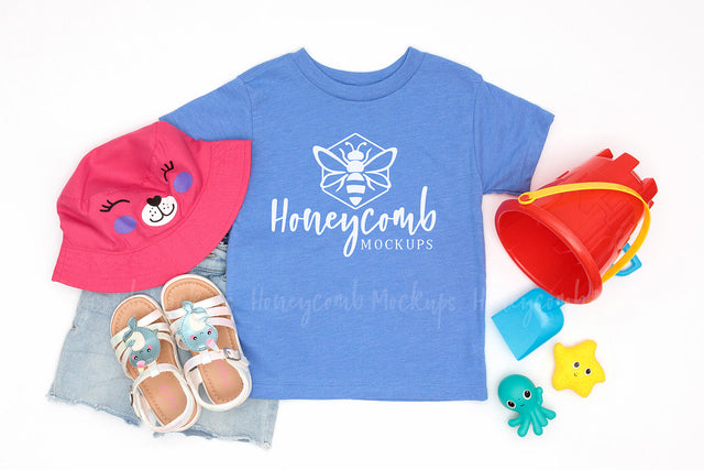 Bella Canvas 3001T Heather Columbia Blue Mockup, Toddler Girl Mockup, Kids Summer Mockup, Beach Themed Kids Mockup Mock Up Photo Honeycomb Mockups 