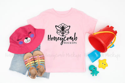 Bella Canvas 3001T Pink Mockup, Toddler Girl Mockup, Kids Summer Mockup, Beach Themed Mockup Mock Up Photo Honeycomb Mockups 