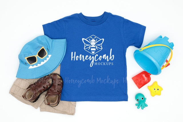 Bella Canvas 3001T True Royal Mockup, Toddler Boy Mockup, Kids Summer Mockup, Beach Themed Mockup Mock Up Photo Honeycomb Mockups 
