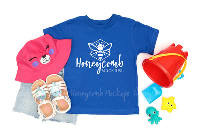 Bella Canvas 3001T True Royal Mockup, Toddler Girl Mockup, Kids Summer Mockup, Beach Themed Kids Mockup Mock Up Photo Honeycomb Mockups 
