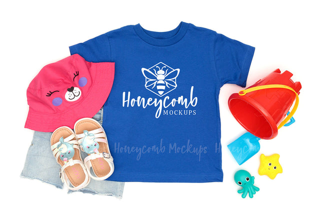 Bella Canvas 3001T True Royal Mockup, Toddler Girl Mockup, Kids Summer Mockup, Beach Themed Kids Mockup Mock Up Photo Honeycomb Mockups 