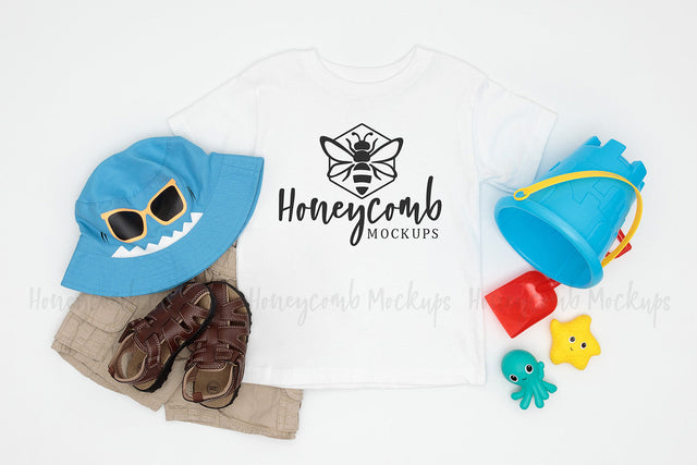 Bella Canvas 3001T White Mockup, Toddler Boy Mockup, Kids Summer Mockup, Beach Themed Mockup Mock Up Photo Honeycomb Mockups 