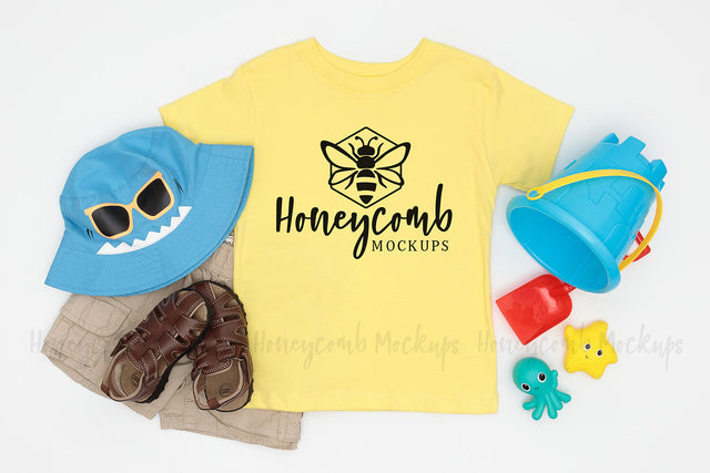 Bella Canvas 3001T Yellow Mockup, Toddler Boy Mockup, Kids Summer Mockup, Beach Themed Mockup Mock Up Photo Honeycomb Mockups 