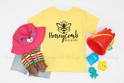 Bella Canvas 3001T Yellow Mockup, Toddler Girl Mockup, Kids Summer Mockup, Beach Themed Kids Mockup Mock Up Photo Honeycomb Mockups 