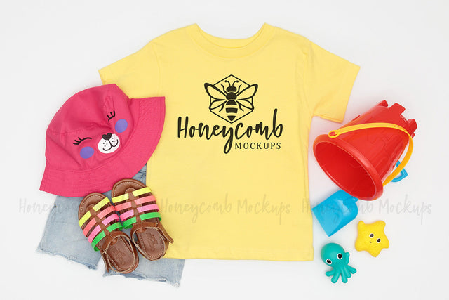 Bella Canvas 3001T Yellow Mockup, Toddler Girl Mockup, Kids Summer Mockup, Beach Themed Kids Mockup Mock Up Photo Honeycomb Mockups 