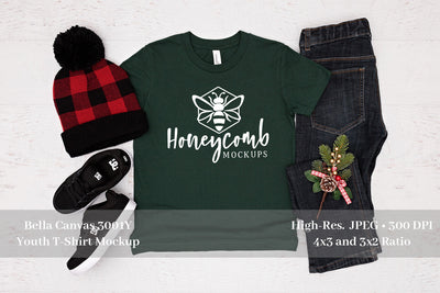 Bella Canvas 3001Y Forest Mockup, Christmas Boys T-Shirt Mockup Mock Up Photo Honeycomb Mockups 