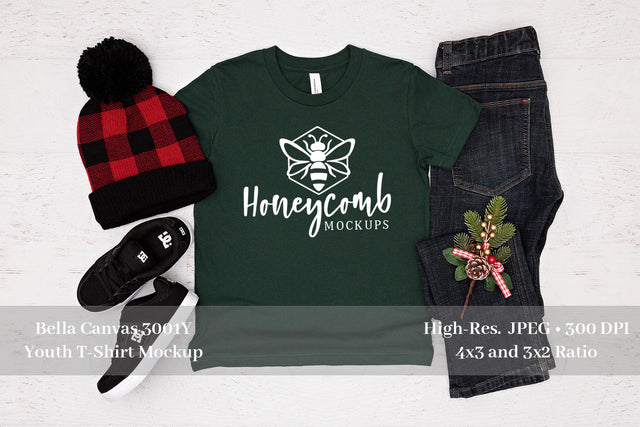 Bella Canvas 3001Y Forest Mockup, Christmas Boys T-Shirt Mockup Mock Up Photo Honeycomb Mockups 