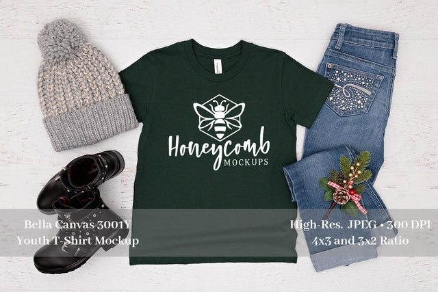 Bella Canvas 3001Y Forest Mockup, Christmas Girls T-Shirt Mockup Mock Up Photo Honeycomb Mockups 