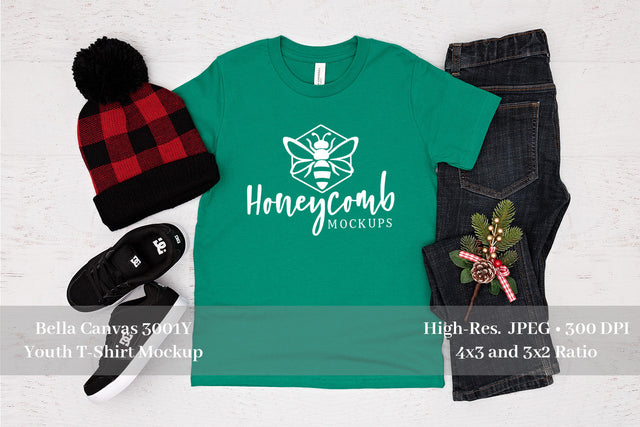 Bella Canvas 3001Y Kelly Mockup, Christmas Boys T-Shirt Mockup Mock Up Photo Honeycomb Mockups 
