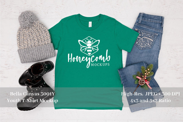 Bella Canvas 3001Y Kelly Mockup, Christmas Girls T-Shirt Mockup Mock Up Photo Honeycomb Mockups 