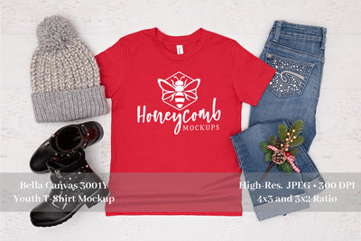 Bella Canvas 3001Y Red Mockup, Christmas Girls T-Shirt Mockup Mock Up Photo Honeycomb Mockups 