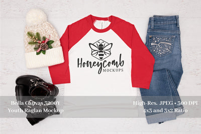 Bella Canvas 3200 Red/White Raglan, Christmas Mockup, Girl's Raglan Mockup Mock Up Photo Honeycomb Mockups 