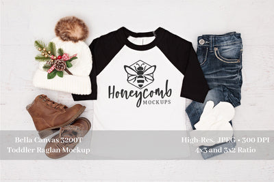 Bella Canvas 3200T Black/White Raglan, Christmas Mockup, Toddler Girl Raglan Mockup Mock Up Photo Honeycomb Mockups 