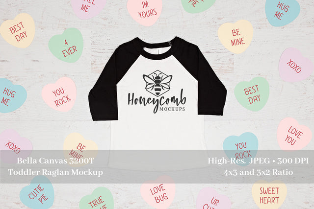 Bella Canvas 3200T Black/White Toddler Raglan, Valentines Mockup, Toddler Mockup Mock Up Photo Honeycomb Mockups 