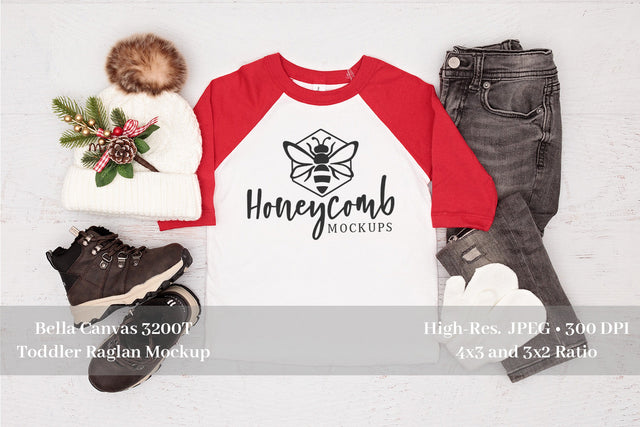 Bella Canvas 3200T Red/White Raglan, Christmas Mockup, Toddler Boy Mockup Mock Up Photo Honeycomb Mockups 