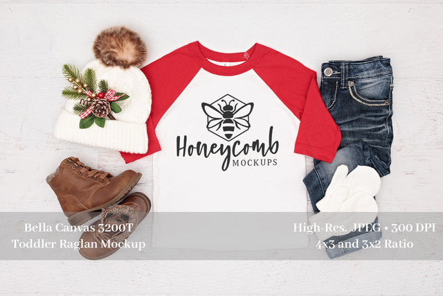 Bella canvas 3200T Red/White Raglan, Christmas Mockup, Toddler Girl Mockup Mock Up Photo Honeycomb Mockups 