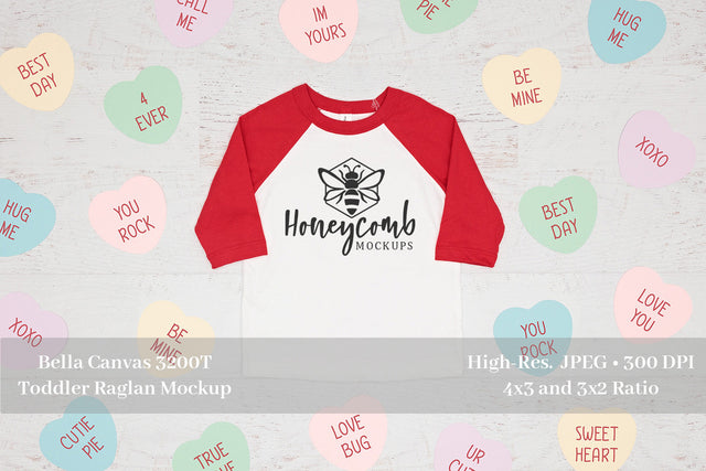 Bella Canvas 3200T Red/White Toddler Raglan, Valentines Mockup, Toddler Mockup Mock Up Photo Honeycomb Mockups 