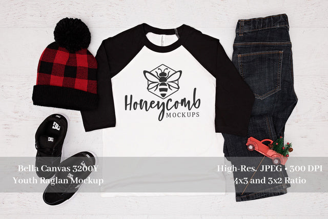 Bella Canvas 3200Y Black/White Raglan, Christmas Mockup, Boy's Raglan Mockup Mock Up Photo Honeycomb Mockups 