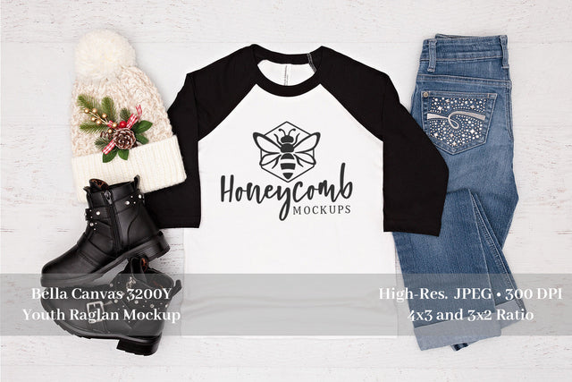 Bella Canvas 3200Y Black/White Raglan, Christmas Mockup, Girl's Raglan Mockup Mock Up Photo Honeycomb Mockups 