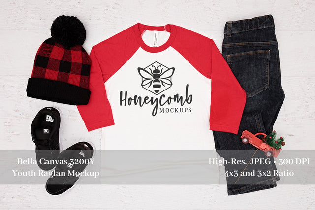Bella Canvas 3200Y Red/White Raglan, Christmas Mockup, Boy's Raglan Mockup Mock Up Photo Honeycomb Mockups 