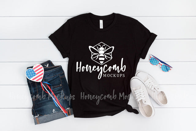 Bella Canvas Black 3001 Mockup, 4th of July Mockup, Womens T-Shirt Mockup, Patriotic Mockup Mock Up Photo Honeycomb Mockups 