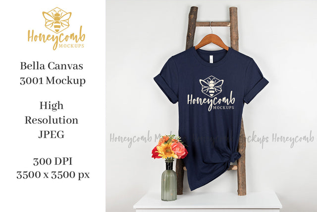 Bella Canvas Navy 3001 Mockup, Hanging Ladder Mockup, Women's T-Shirt Mockup Mock Up Photo Honeycomb Mockups 