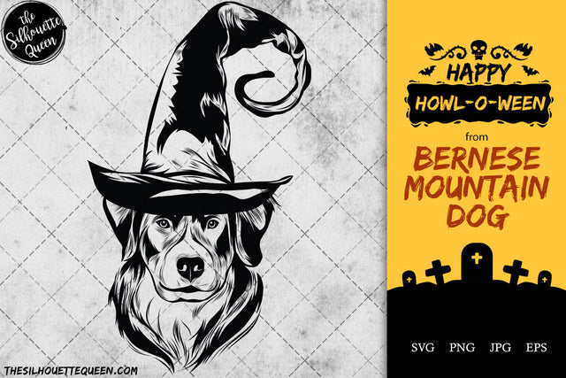 Bernese Mountain Dog dog svg portrait clipart vector graphic art Witch hat Halloween dog Cricut cut file cuttable design SVG Loveleen Kaur 