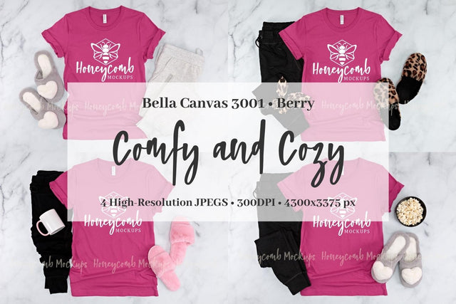 Berry Bella Canvas 3001 Mockup Bundle, Women's Pink T-Shirt Mockup, Comfy and Cozy Mockup Mock Up Photo Honeycomb Mockups 