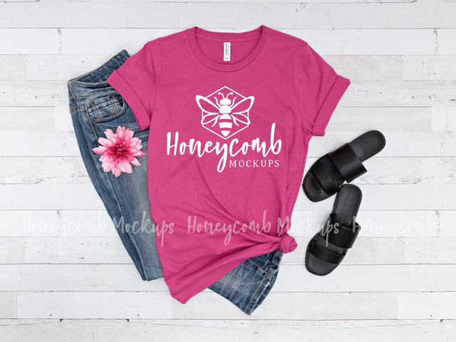 Berry Bella Canvas 3001 Mockup, Women's Pink T-Shirt Mockup Mock Up Photo Honeycomb Mockups 