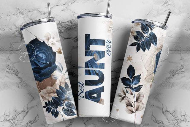 Best Aunt Ever, Blue Gold Floral Tumbler, Gift for Aunty, 20 oz Skinny Tumbler Design Wrap, Mother's Day Tumbler Design Wrap Sublimation Syre Digital Creations 