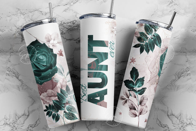 Best Aunt Ever, Green Gold Floral Tumbler, Gift for Aunty, 20 oz Skinny Tumbler Design Wrap, Mother's Day Tumbler Design Wrap Sublimation Syre Digital Creations 