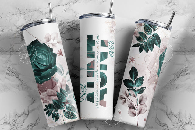 Best Aunt Ever, Green Gold Floral Tumbler, Gift for Aunty, Add Kids Names, 20oz Skinny Tumbler Design Wrap, Mother's Day Tumbler Design Sublimation Syre Digital Creations 