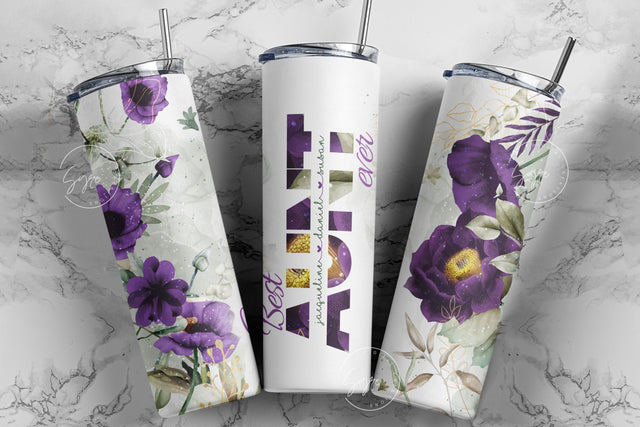 Best Aunt Ever, Purple Gold Floral Tumbler, Gift for Aunty, Add Kids Names, 20oz Skinny Tumbler Design Wrap, Mother's Day Tumbler Design Sublimation Syre Digital Creations 