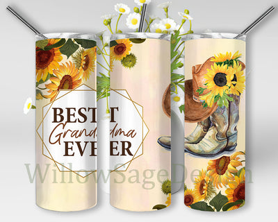 Best Grandma Ever 20oz Skinny Tumbler, Grandma Sunflower Tumbler Png, Love Grandma Tumbler Wrap, Cowgirl Boot And Hat Png, Instant Download Sublimation WillowSageDesign 